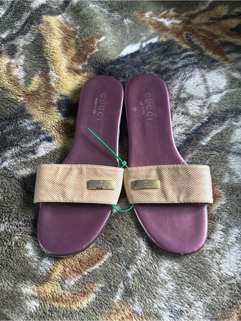Authentic Gucci Sandals / Slides With Gold Metal Logo Snakeskin Strap Size 5 1/2